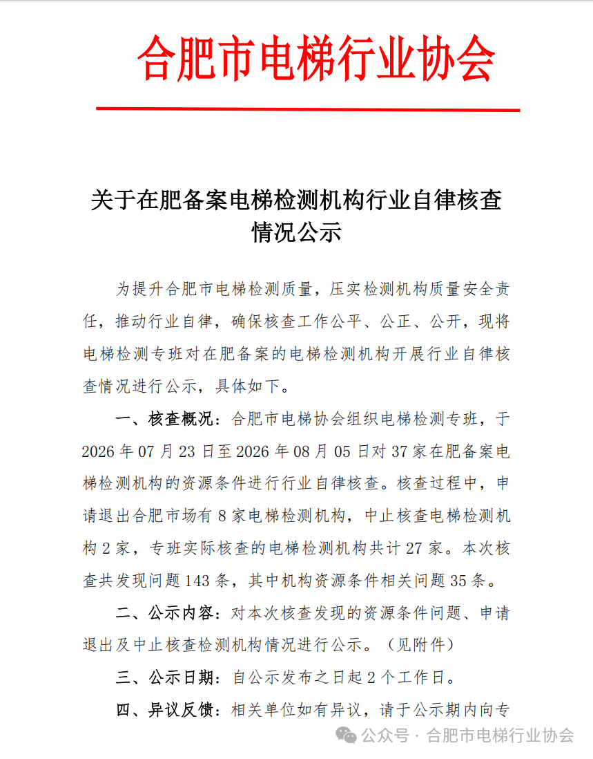 关于在肥备案电梯检测机构行业自律核查情况公示